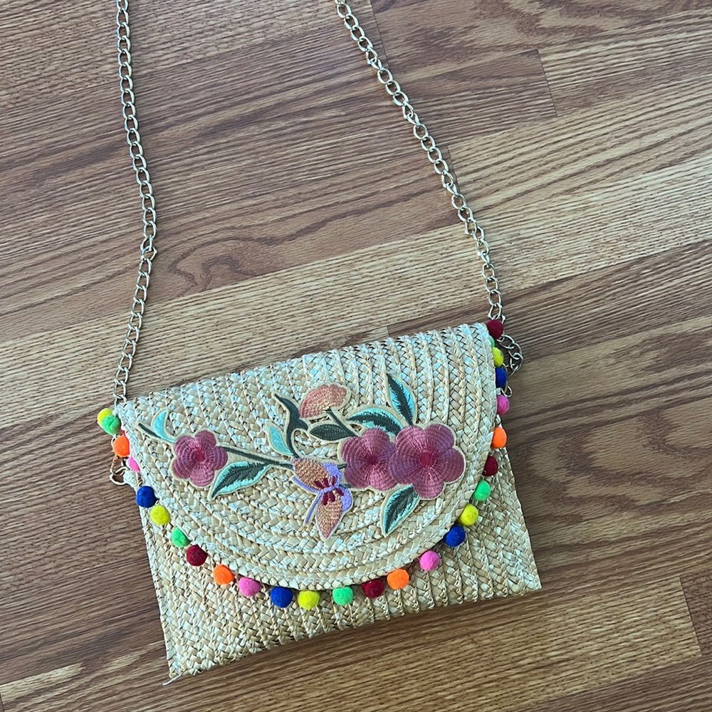 Pom Pom Floral Straw Crossbody Bag